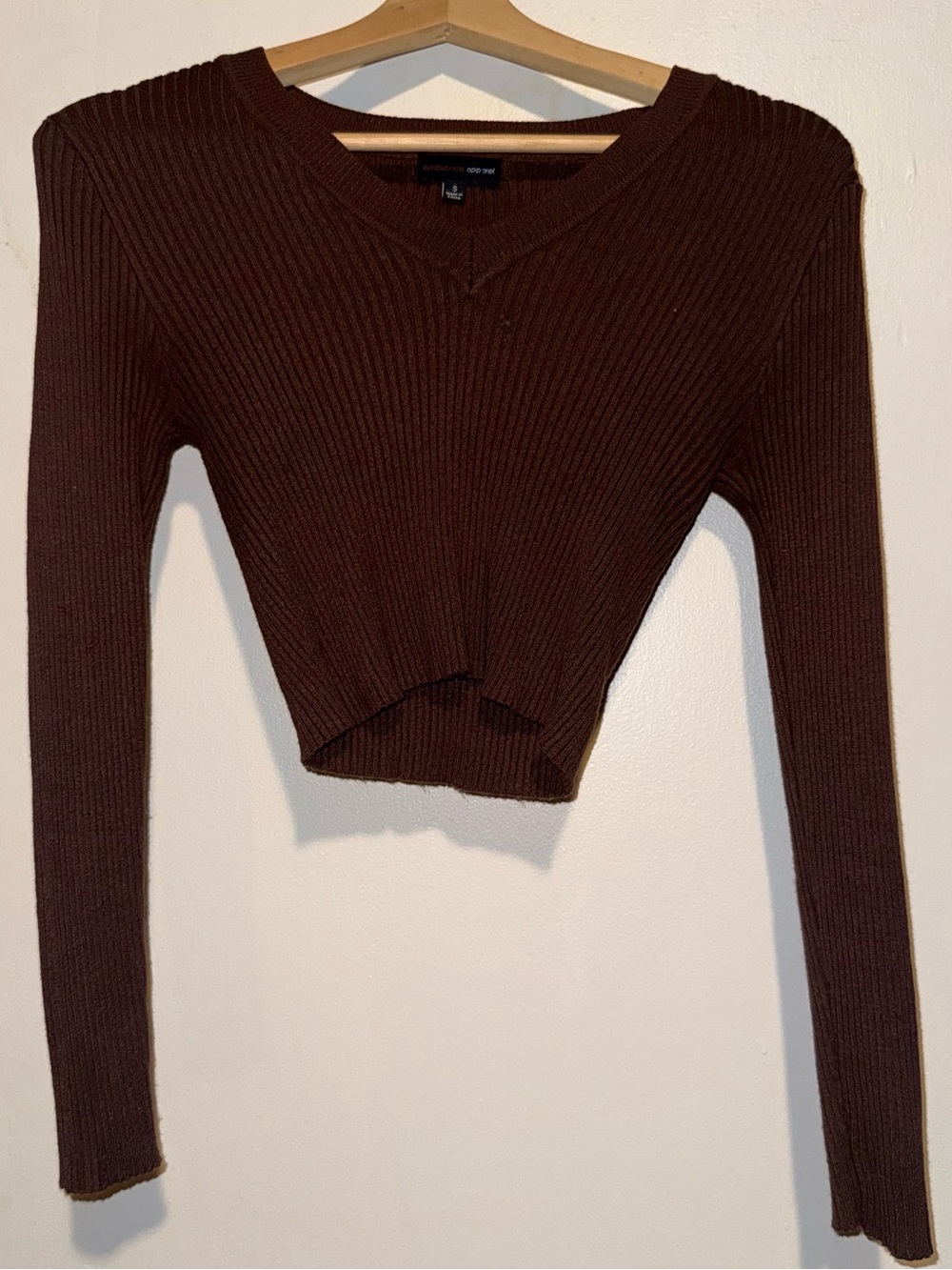 Brown Ribbed Cropped V-Neck Sweater